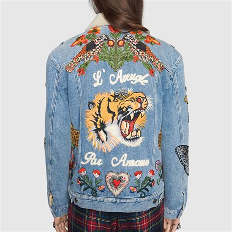 gucci jacket tiger replica|Gucci denim jacket with embroideries.